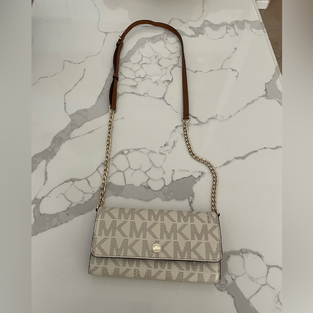 Michael Kors Cream and Brown Crossbody Bag with Chain Strap